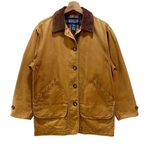 Vintage Lands End Jacket Men XL Tan Chore Coat Barn Canvas Plaid Corduroy Trim